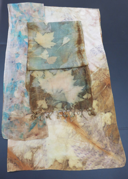 Eco printed scarves on wool and silk, Catherine Wright